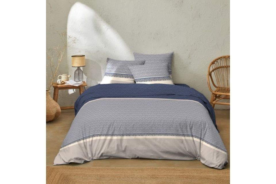 Housse de couette 220x240 cm + 2 taies d'oreiller 63x63 cm Coton 51 fils Luka Bleu