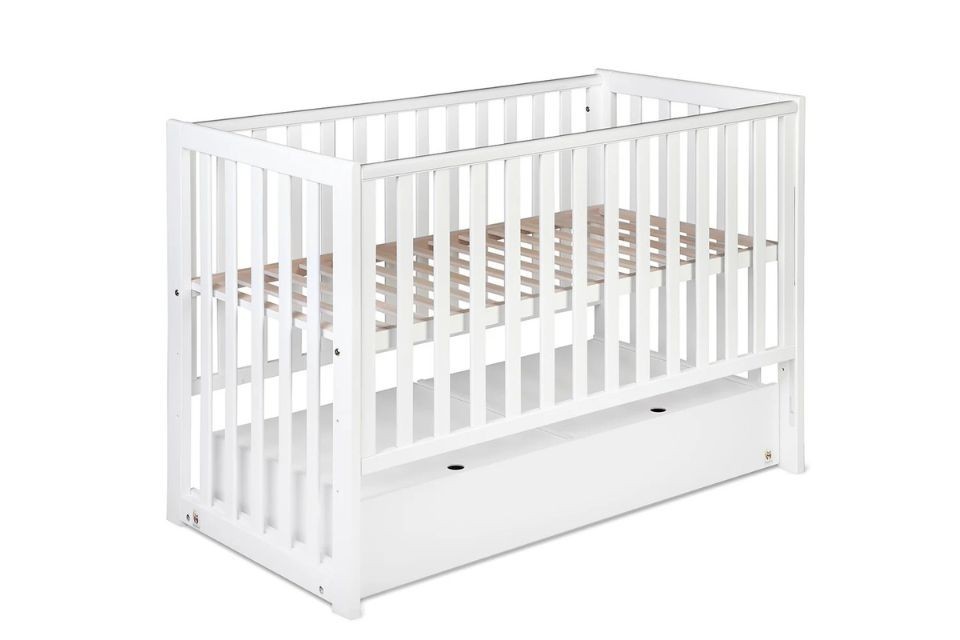 Lit berceau bébé 60x120 avec sommier réglable et tiroir bois blanc