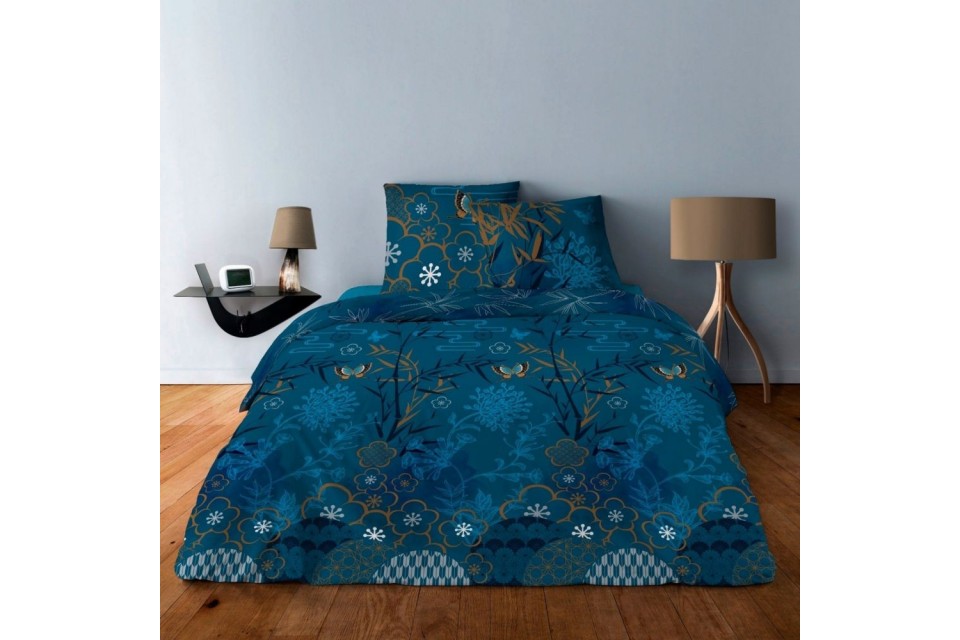 Housse de couette 220x240 + 2 taies d'oreiller Japonisant Bleu